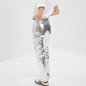 Metallic Silver High Rise Faux-Leather Cheeky Straight Jeans